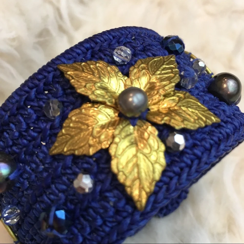 Navy Blue Flower Pearl Beaded‎ Cuff Bracelet